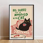 Framed artwork with a black cat on a red chair and text 'All guests must be approved by the cat' on a beige background.