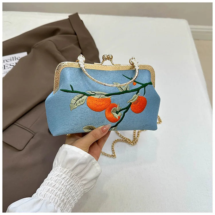 Chinese Style Persimmon Embroidered Shoulder Bag Elegant Handbag Retro Small Square Bag Wedding Party Women Clip Evening Clutch