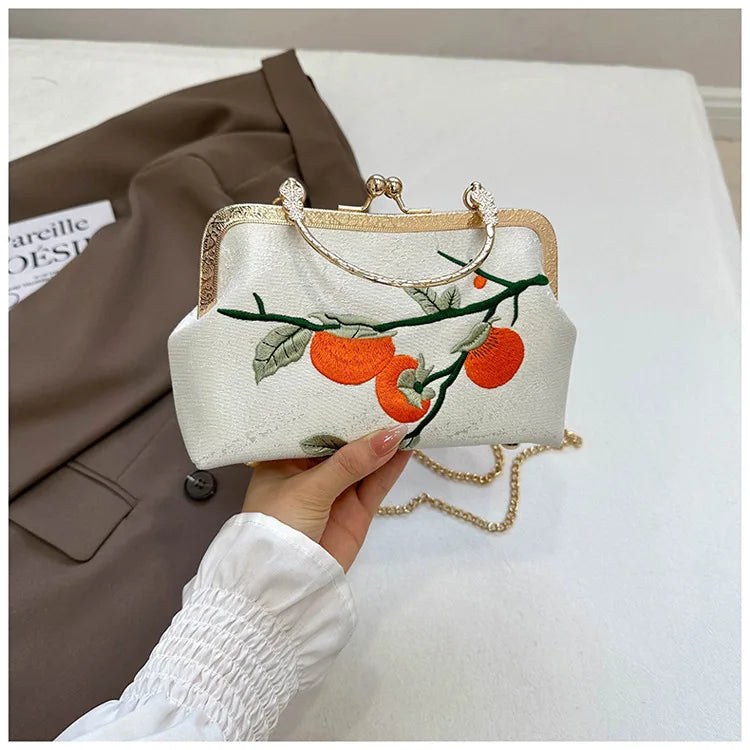 Chinese Style Persimmon Embroidered Shoulder Bag Elegant Handbag Retro Small Square Bag Wedding Party Women Clip Evening Clutch