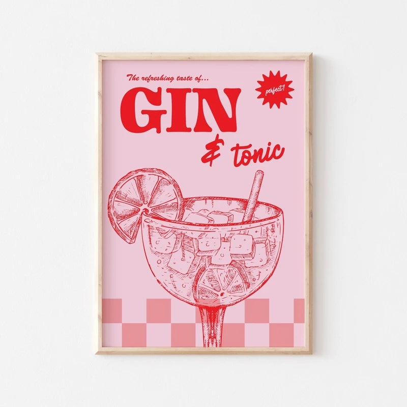 Framed artwork of a gin and tonic illustration on a pink background