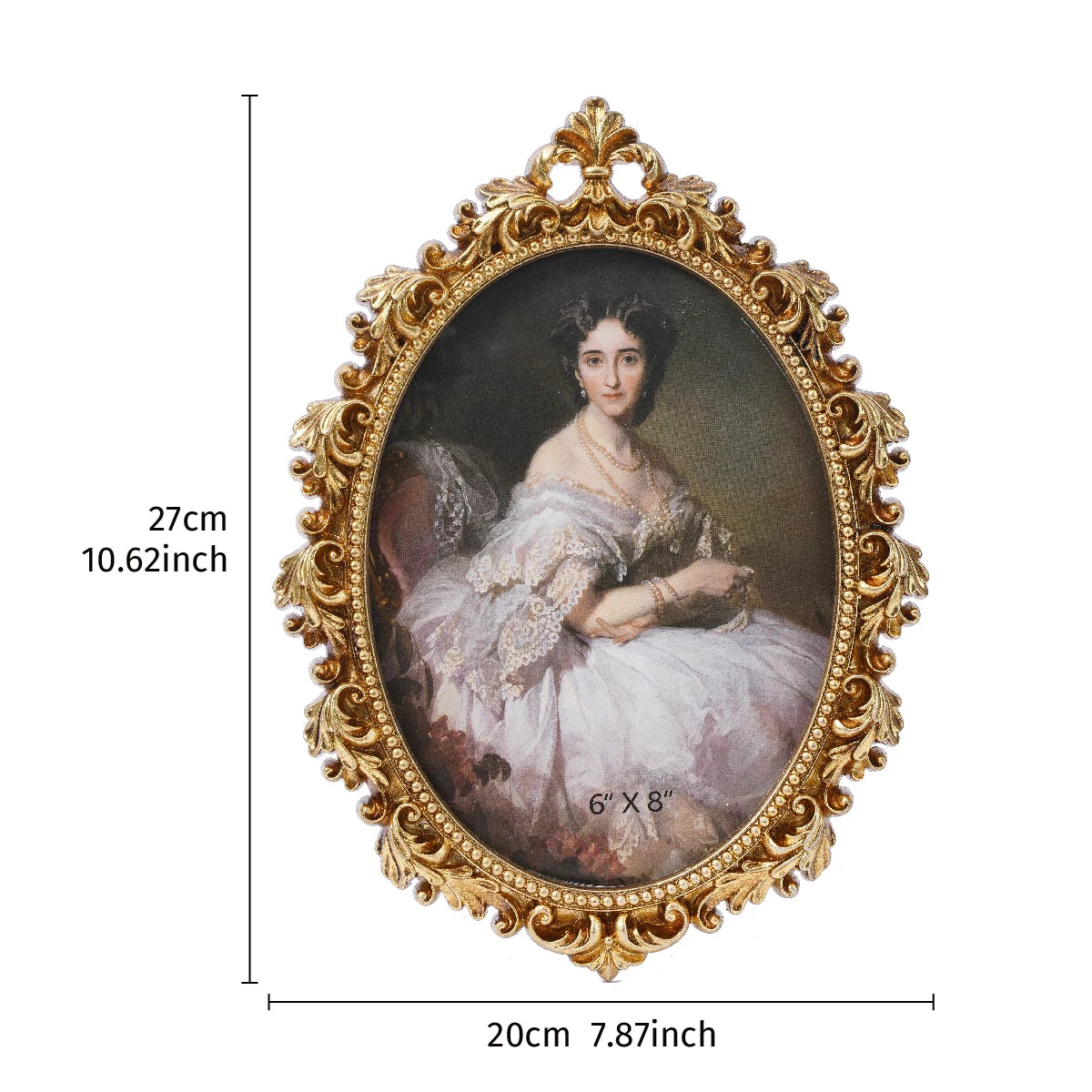 Portrait of a woman in a decorative gold frame with dimensions indicated.