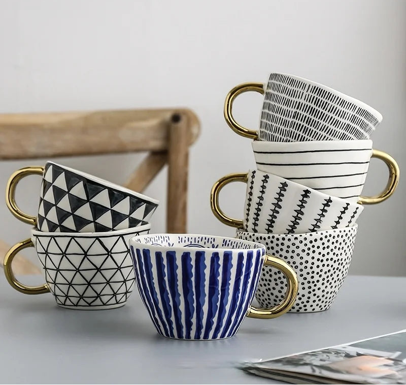 American Irregular Geometric Ceramic Coffee Cup with Gold Plated Handle Black and White Pattern Milk Tea Cup Home Accessories