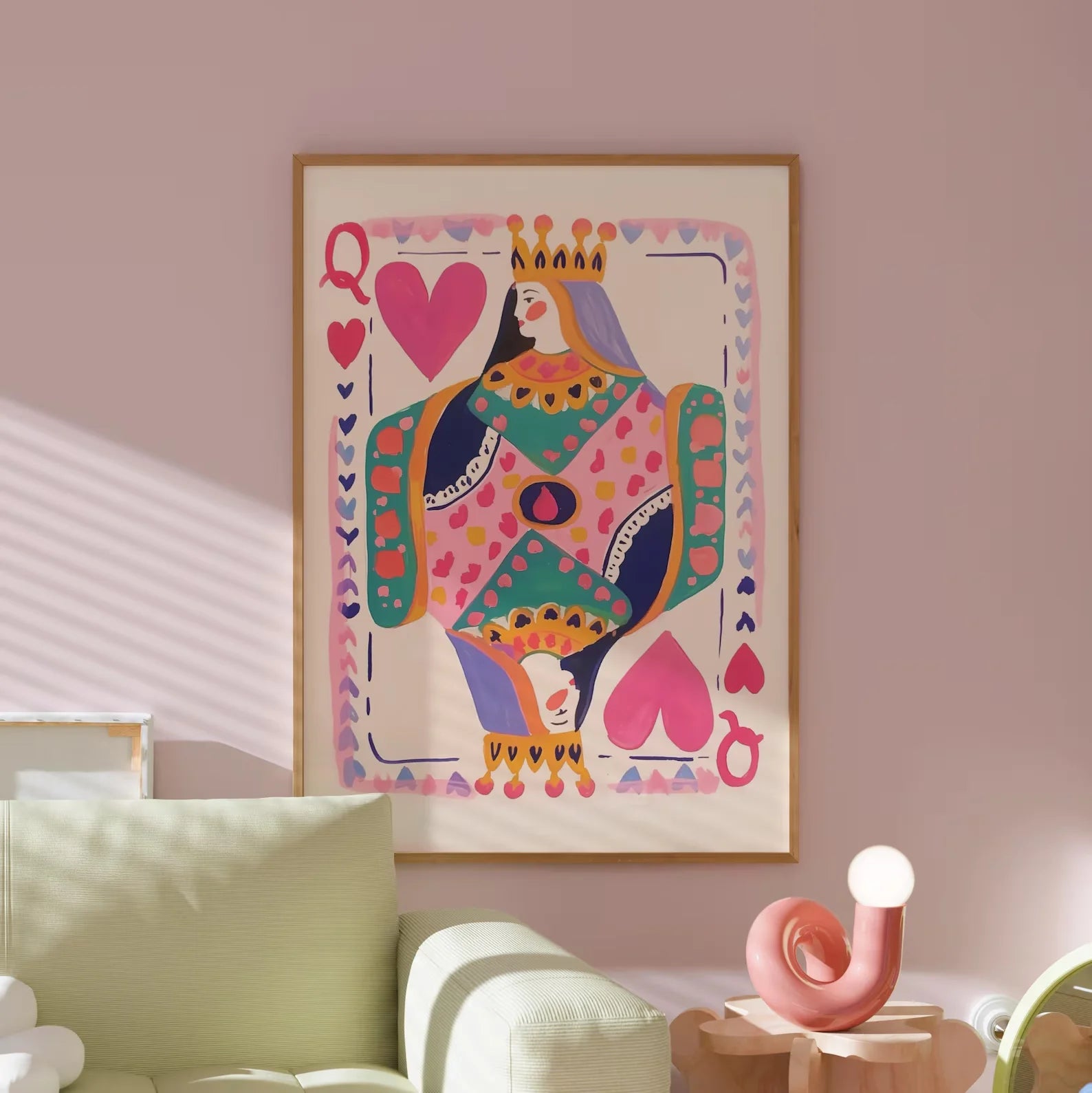 Queen of Hearts Wall Art Print | Colorful Playing Card Digital Download | Maximalist Card Decor | Dopamine Queen Illustration |
