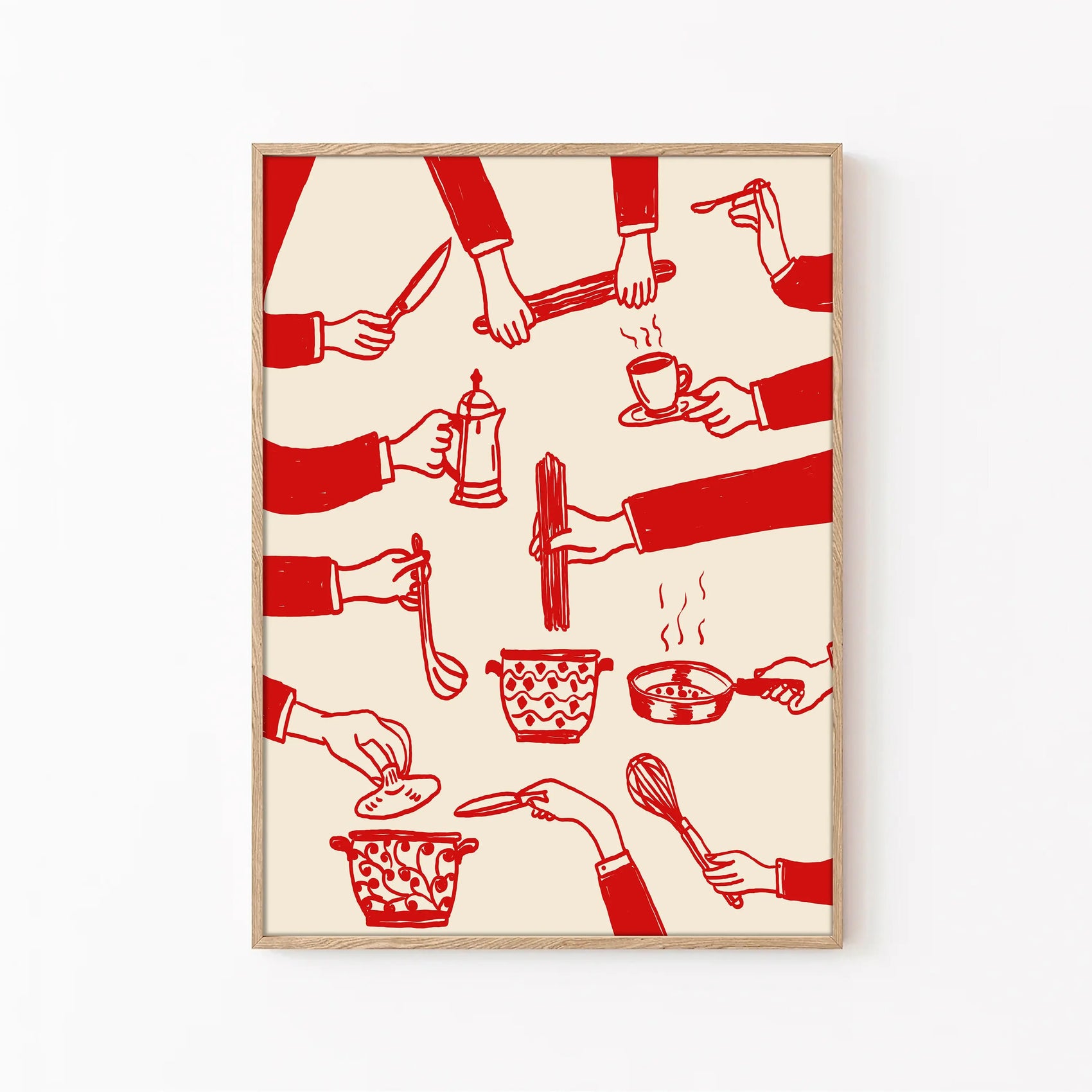 Framed artwork with red line drawings of hands and kitchen items on a beige background