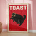 Framed poster with a black cat wearing a toaster costume on a red background, text &