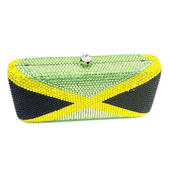 Clutch bag with a design resembling the Jamaican flag on a white background