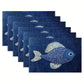 Set of six blue placemats with embroidered fish designs on a white background