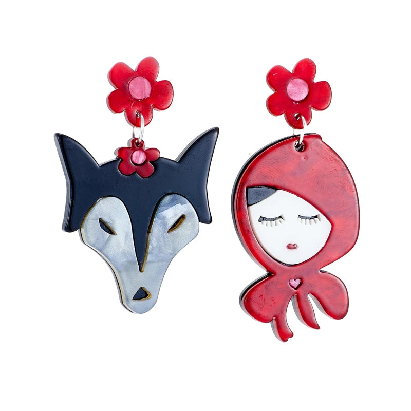 YAOLOGE Cartoon Asymmetric Women Earrings Wolf and Little Red Riding Hood Pattern Acrylic Jewelry Girls Party Unique Decoration