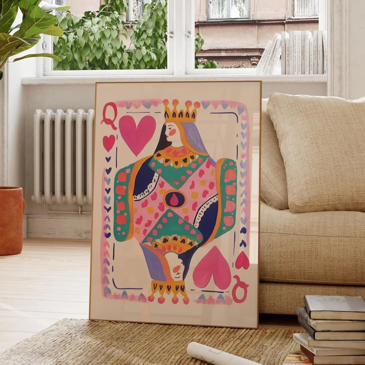 queen hearts wall art playing card print game room decor styled product view