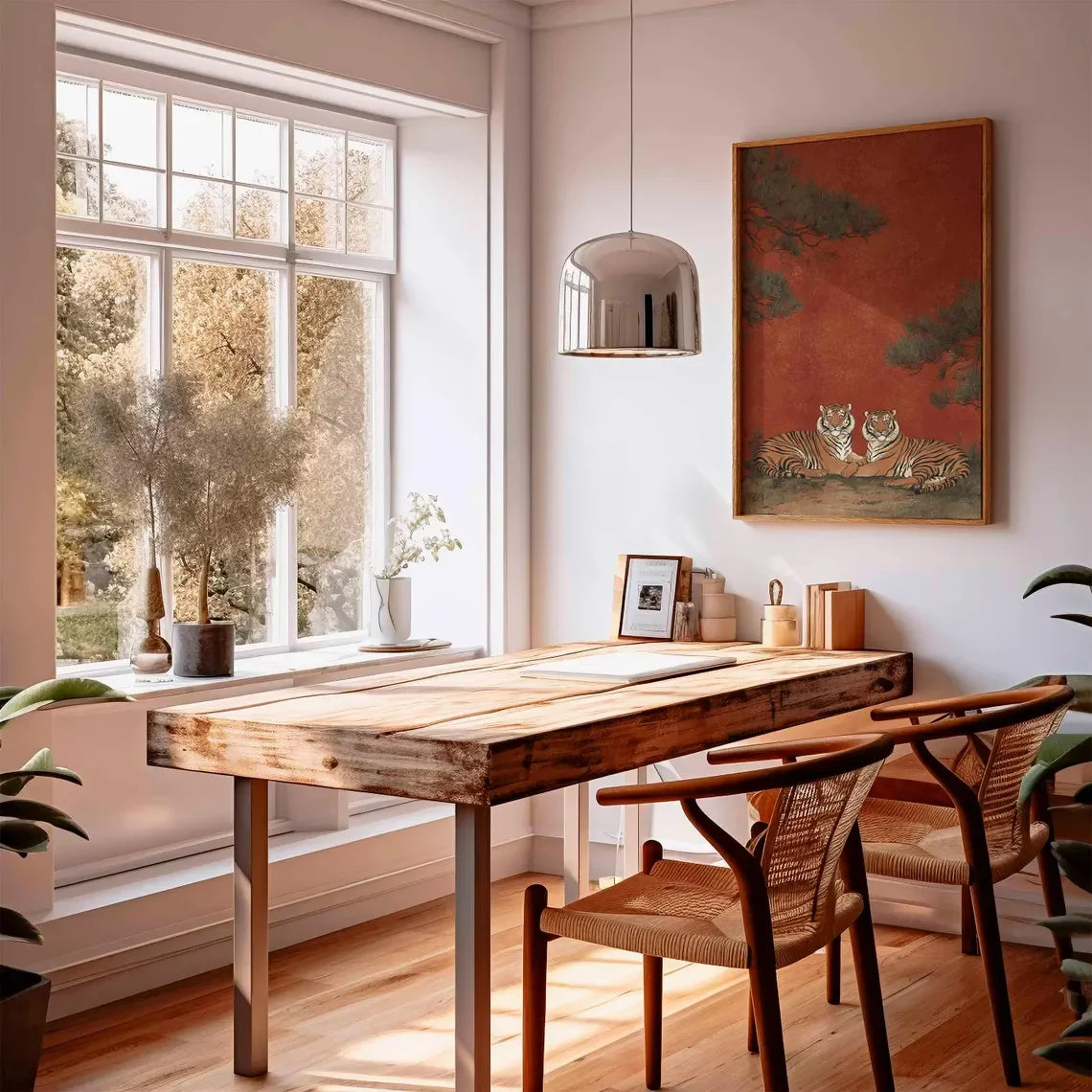 Dining room with wooden table and chairs, large window, and wall art.