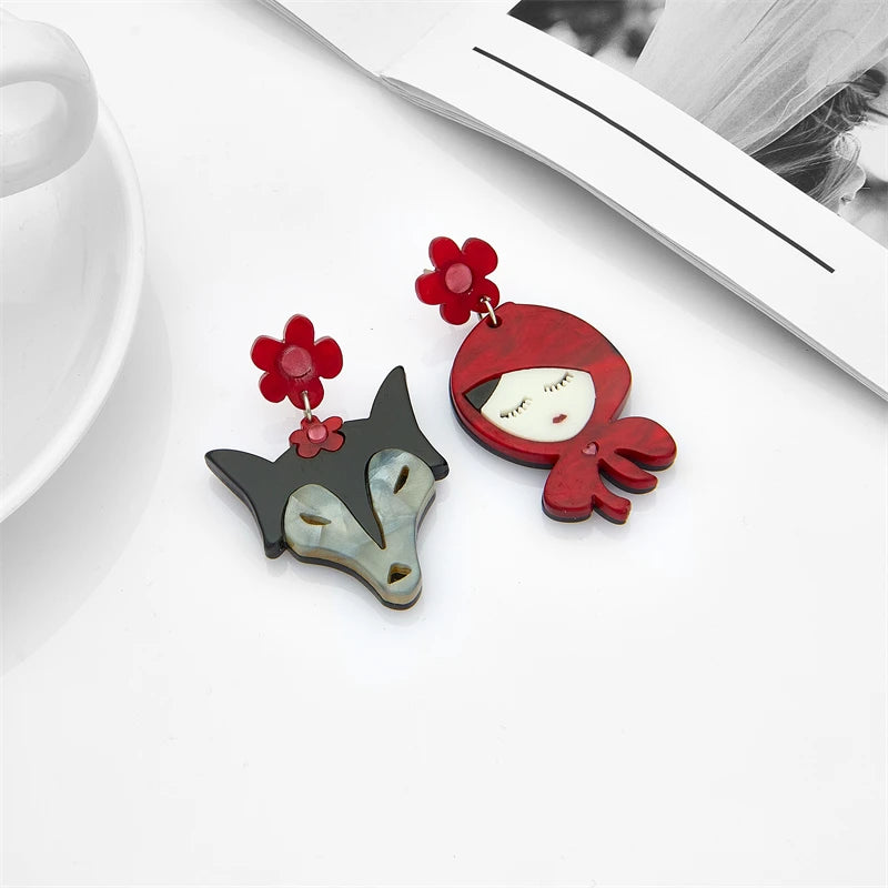 YAOLOGE Cartoon Asymmetric Women Earrings Wolf and Little Red Riding Hood Pattern Acrylic Jewelry Girls Party Unique Decoration