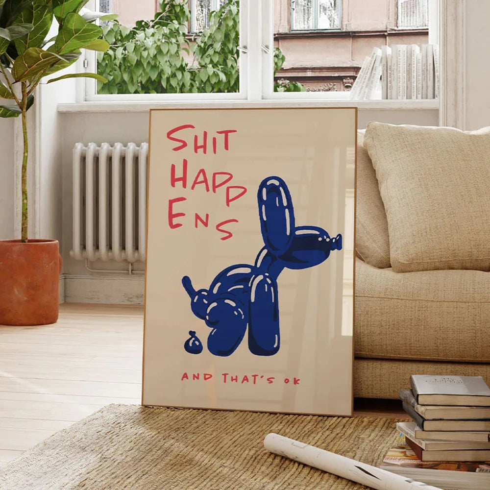 Canvas print with a blue balloon dog illustration and text in a living room setting.