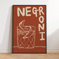 Framed artwork with 'Negroni' text and a glass illustration on a red background.