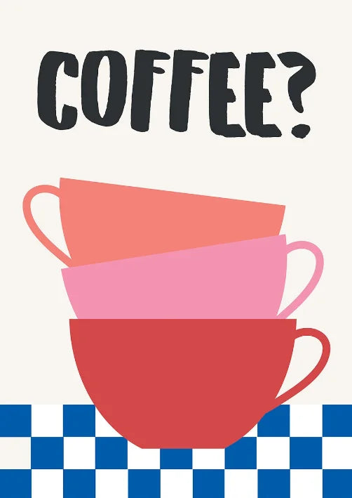 Stack of colorful coffee cups with 'COFFEE?' text on a checkered background