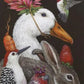 Illustration of a duck, rabbit, and various birds with decorative elements on a dark background