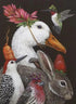 Illustration of a duck, rabbit, and various birds with decorative elements on a dark background