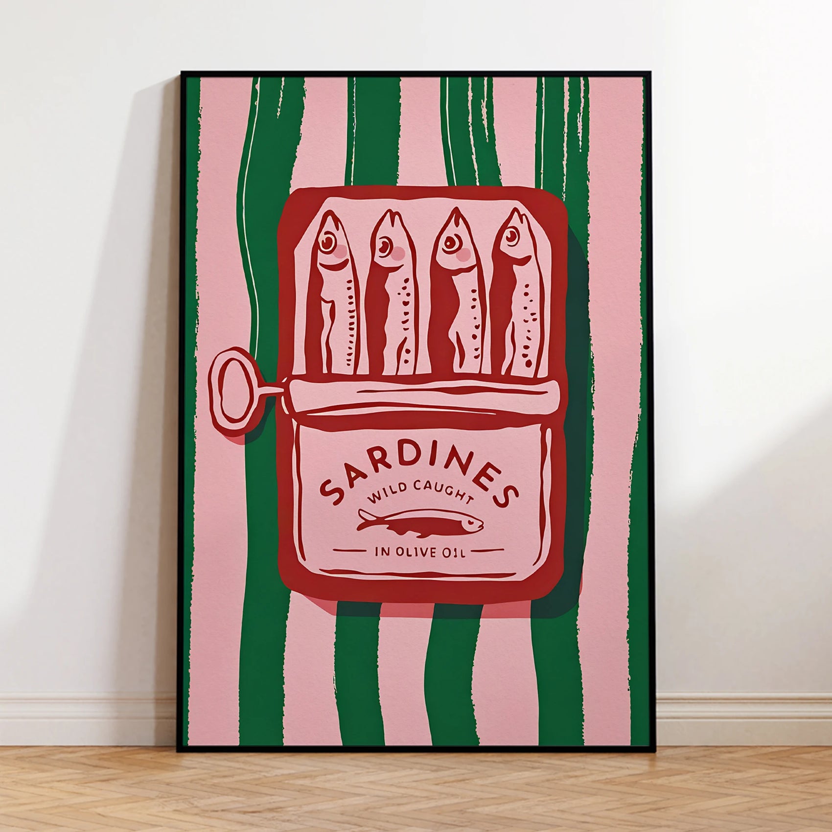 Framed artwork of a sardine can with striped background