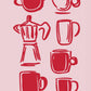 Red coffee cup and espresso machine illustrations on a pink background