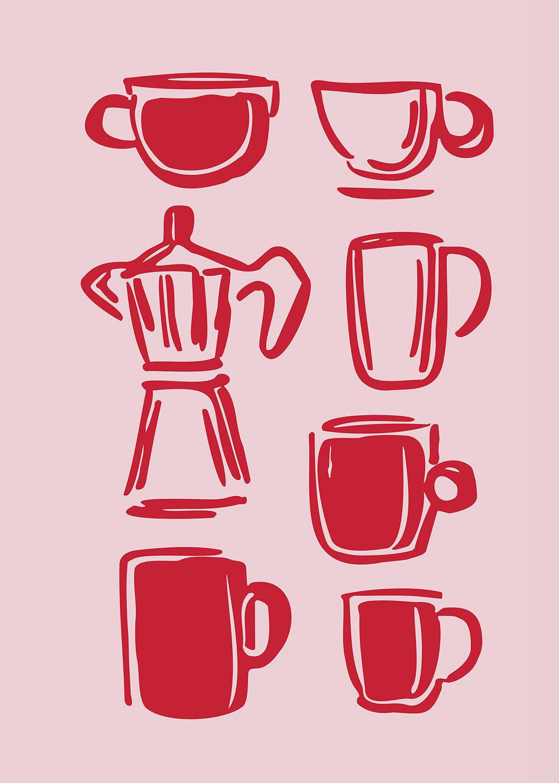 Red coffee cup and espresso machine illustrations on a pink background
