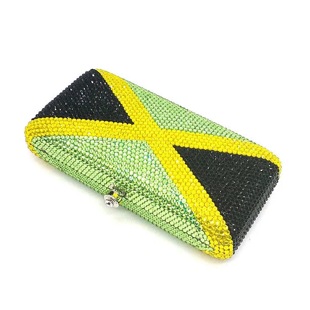Clutch bag with a design resembling the Jamaican flag on a white background