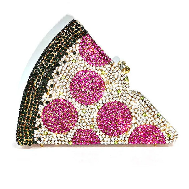 Triangular clutch with pink and gold gemstones on a white background