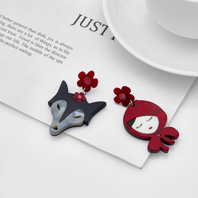 YAOLOGE Cartoon Asymmetric Women Earrings Wolf and Little Red Riding Hood Pattern Acrylic Jewelry Girls Party Unique Decoration