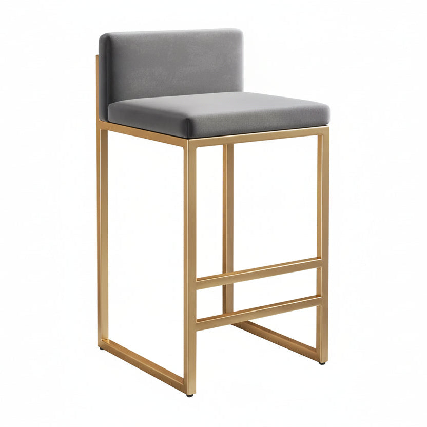 Bar stool with gray cushioned seat and gold metal frame on a white background