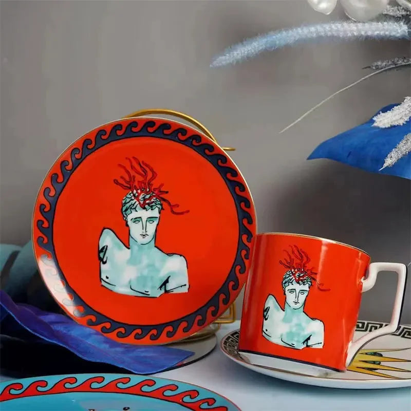 Ceramic mug and plate set with artistic design on a gray background