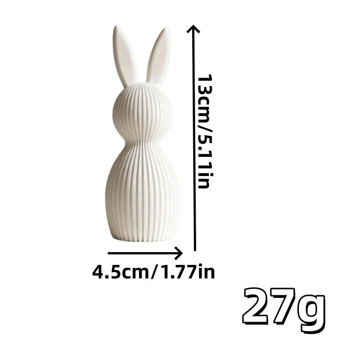 White rabbit-shaped object with measurements and weight on a white background