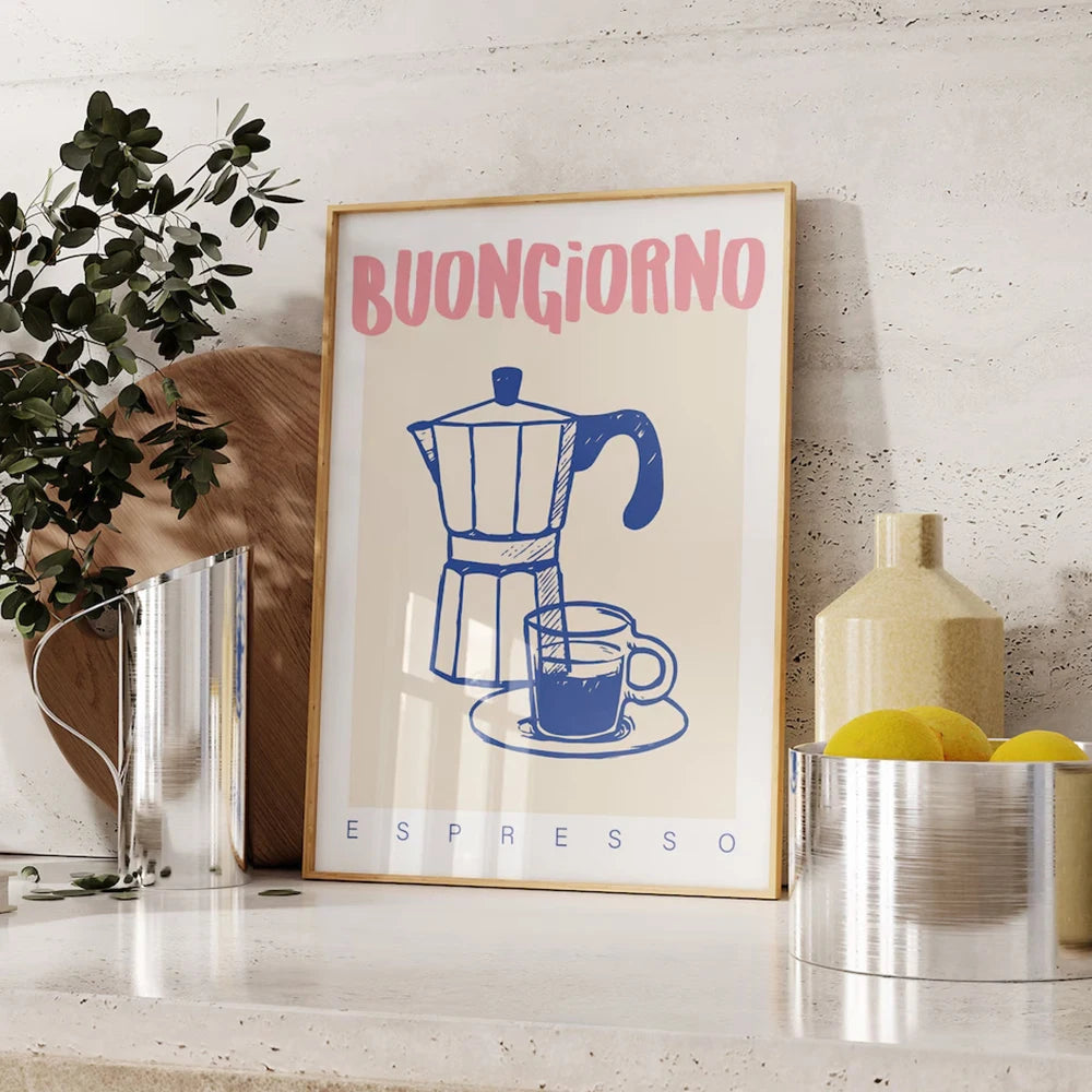 Framed 'Buongiorno Espresso' print on a kitchen counter with decorative items.
