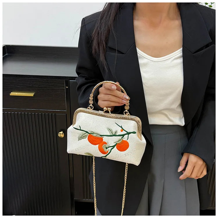 Chinese Style Persimmon Embroidered Shoulder Bag Elegant Handbag Retro Small Square Bag Wedding Party Women Clip Evening Clutch