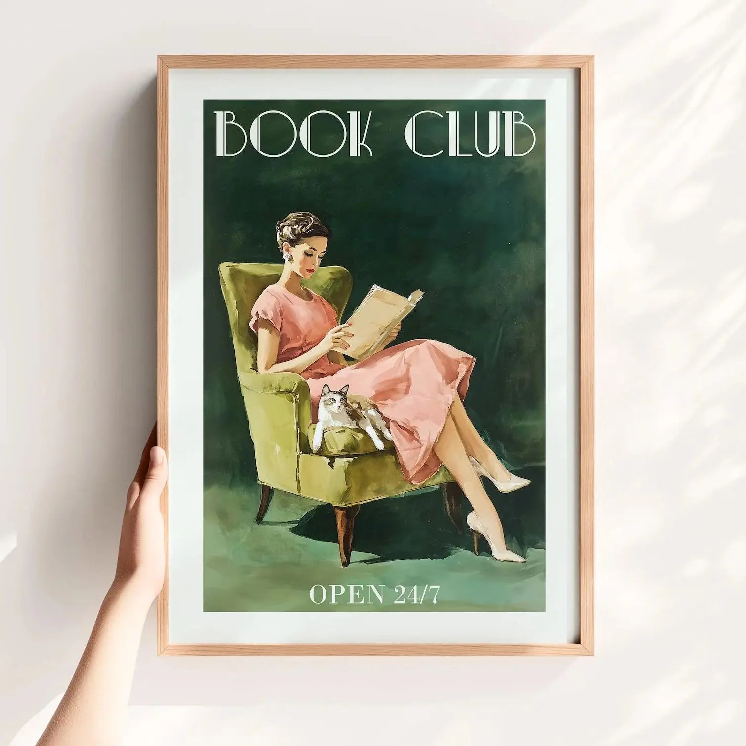 Book Club Wall Art – Retro Woman Reading Digital Print Cat, Vintage Book Lover Decor, Literary Poster, Reading Nook Printable