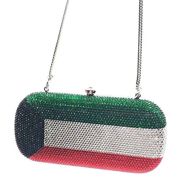Flag-themed clutch bag with green, white, and red colors on a white background