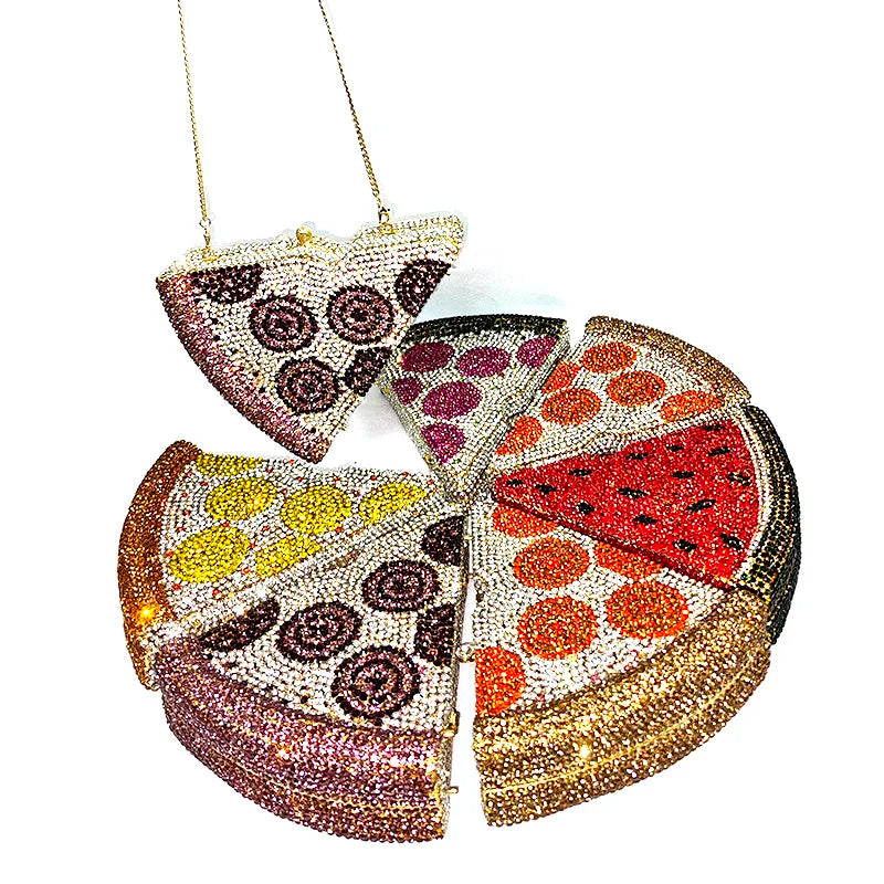 Colorful beaded pizza slice bag on a white background