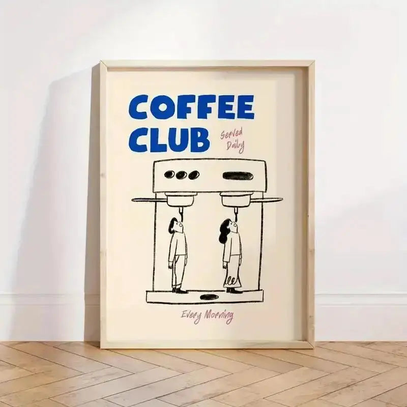 Framed poster with 'Coffee Club' text and coffee machine illustration on a white wall.