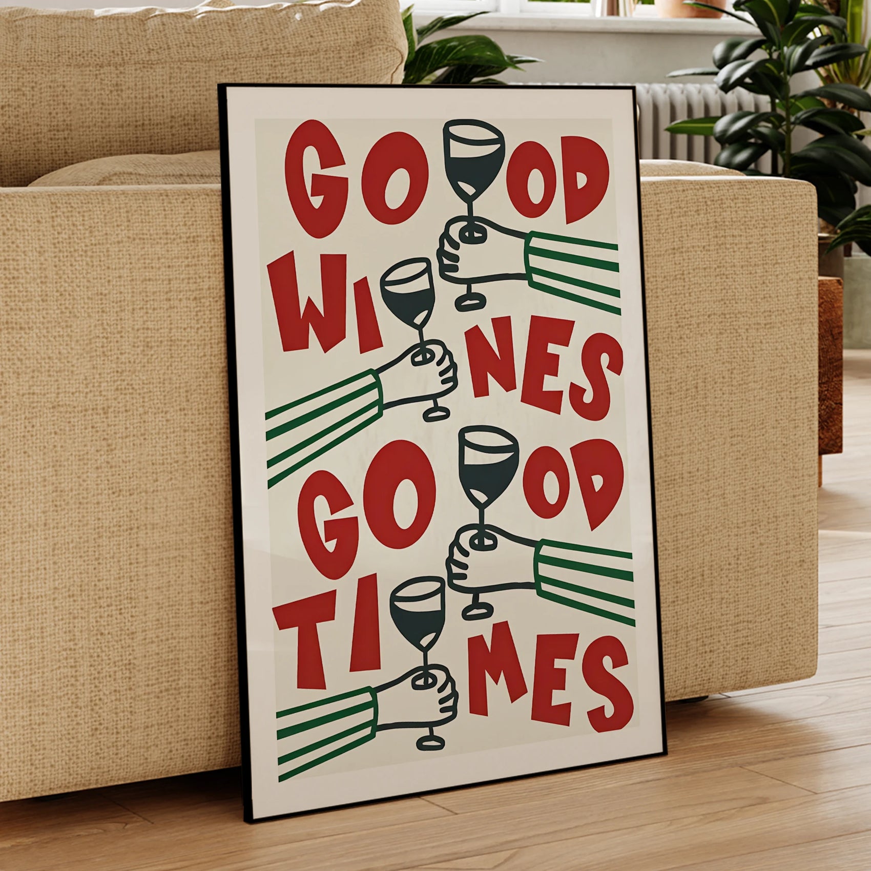 Decorative sign with wine-themed text in a living room setting