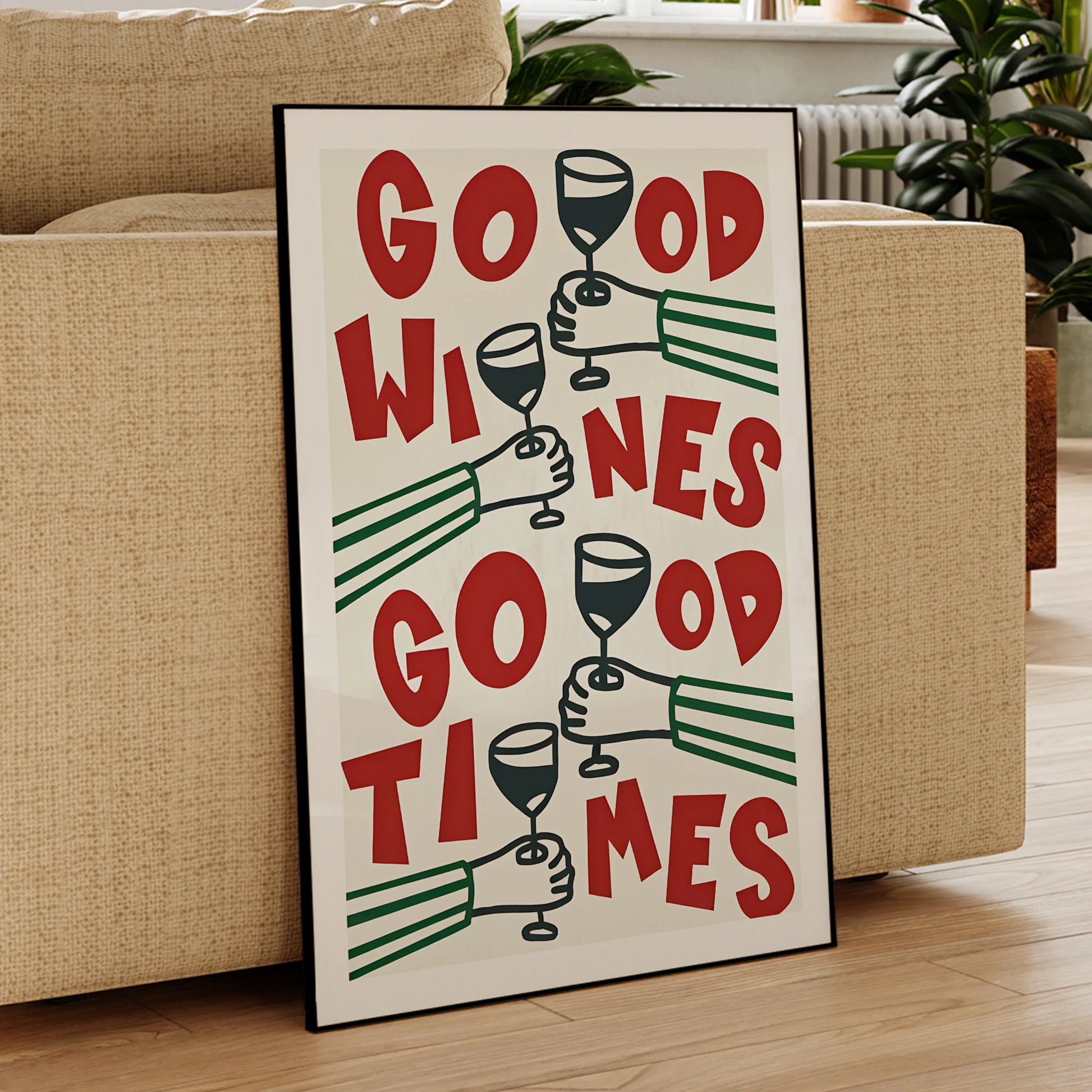 Decorative sign with wine-themed text in a living room setting