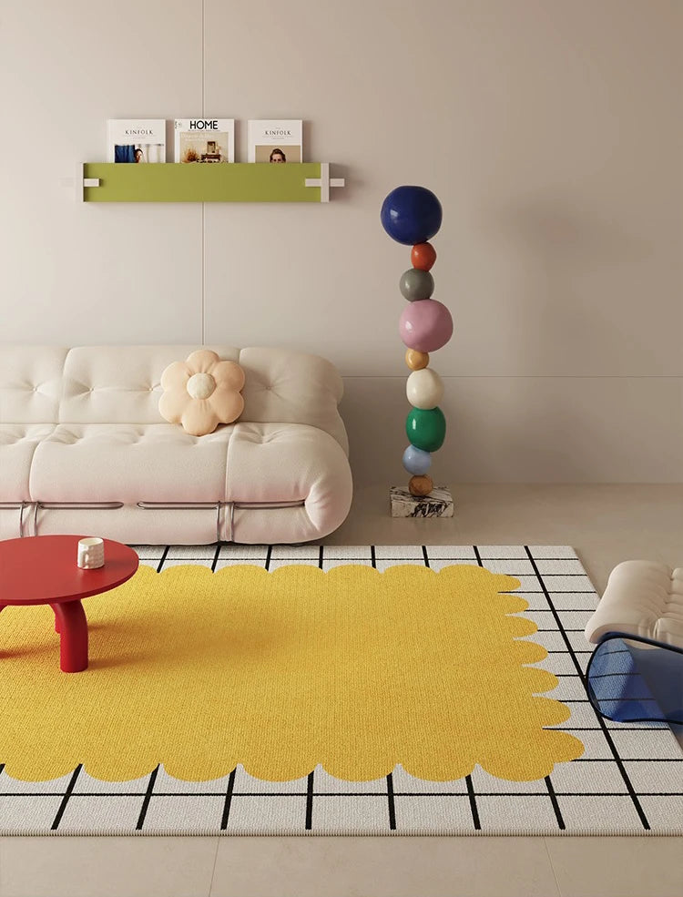 Modern living room with a yellow rug, white sofa, and colorful balloons.