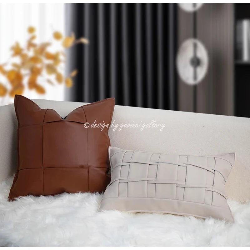 GUVINCI Luxury Hand Woven Cushion Cover Modern Designer Coffee Brown Faux Leather Decorative Pillowcase For Sofa Couch Bedroom