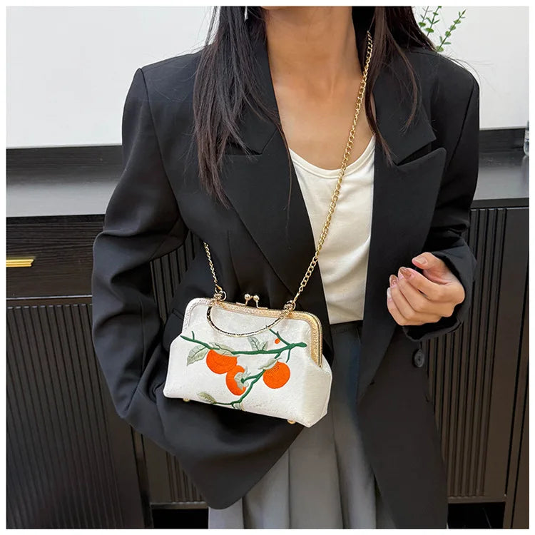 Chinese Style Persimmon Embroidered Shoulder Bag Elegant Handbag Retro Small Square Bag Wedding Party Women Clip Evening Clutch
