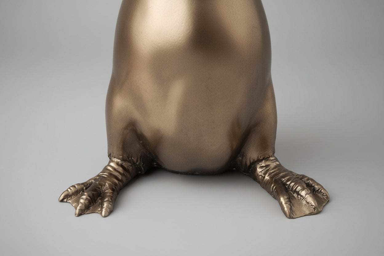 Bronze statue of a dog's head and front paws on a wooden surface