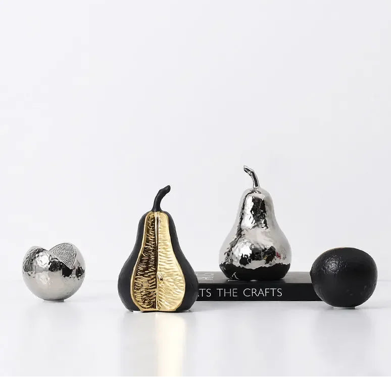 Decorative pears in metallic finishes on a white background with 'ZIZI Fish' branding.