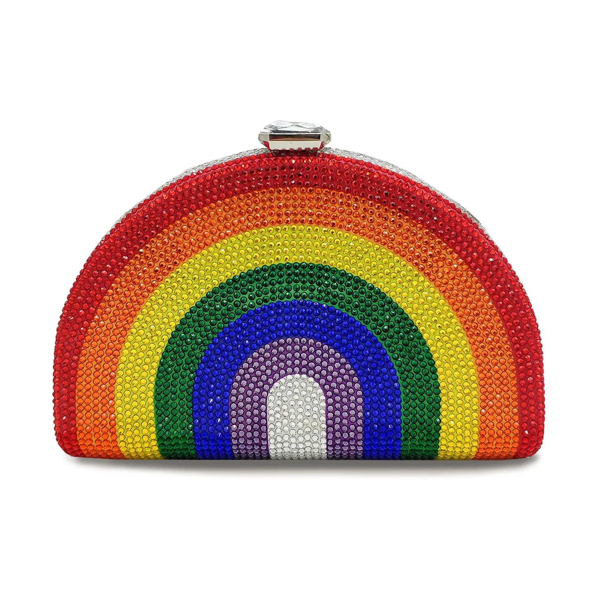 CEZIRA Women Luxury Glamorous Rainbow Color Rhinestone Evening Bag Colorful Stripes Half-round Dome Clutch Handbag Party Purse