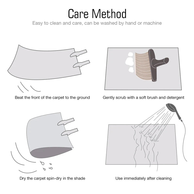 Care method instructions for a carpet product on a white background