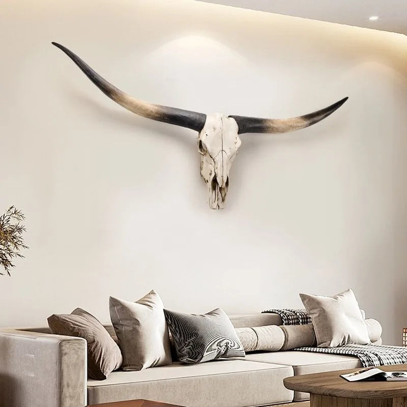 Black Horn Bull Head Wall Sculpture Resin Cow Skull Decor Large Animal Wall Hanging Rustic Statement Home Accent