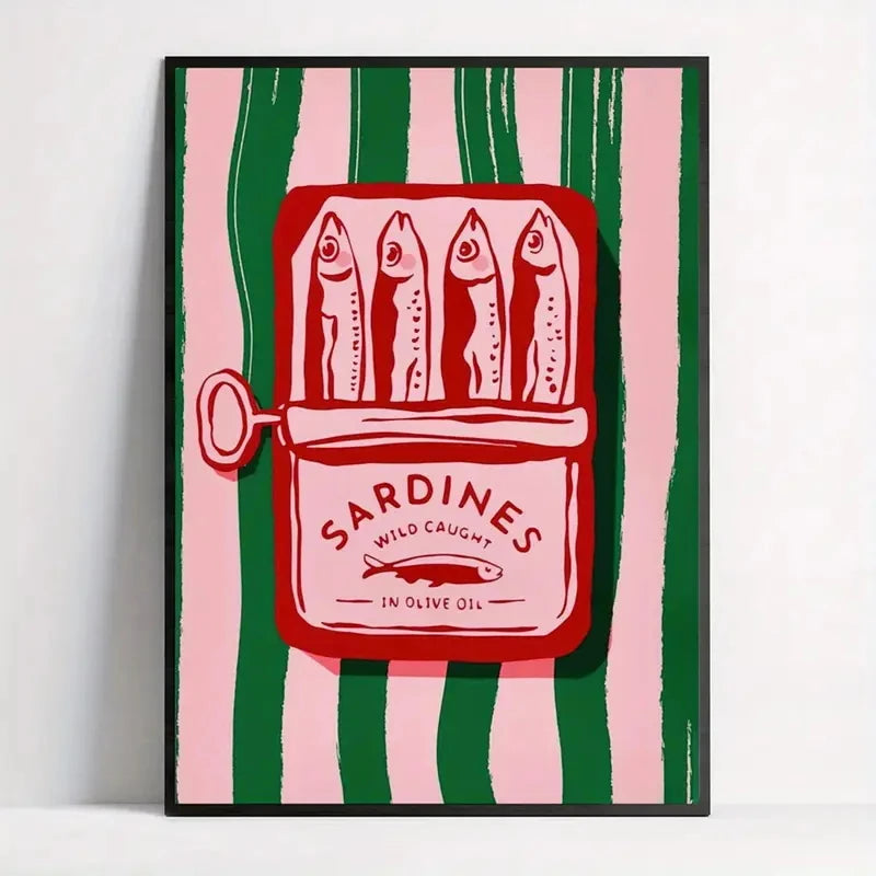 Framed artwork of a sardine can with striped background