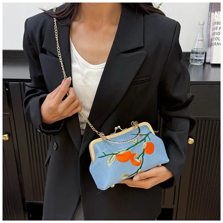 Chinese Style Persimmon Embroidered Shoulder Bag Elegant Handbag Retro Small Square Bag Wedding Party Women Clip Evening Clutch