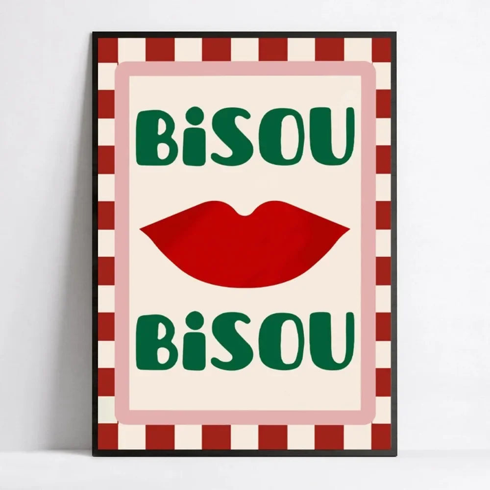 Poster with red lips and 'Bisou Bisou' text on a checkered border