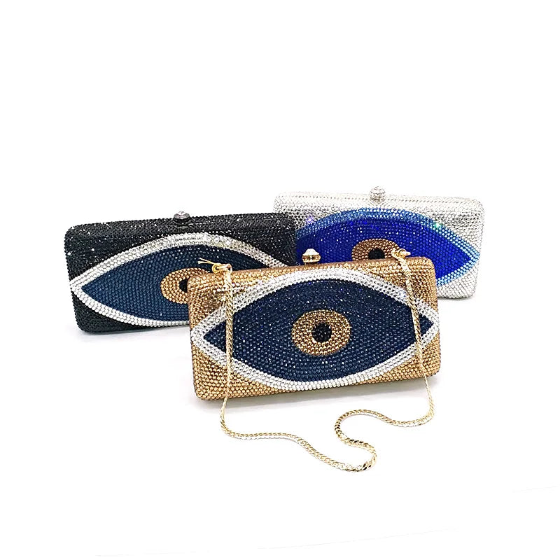 Fashion women evening party purses designer couture bag funny evil eye full crystal clutches