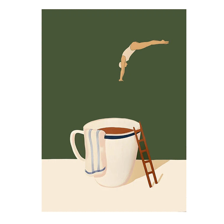 Illustration of a person diving into a large coffee cup with a green background